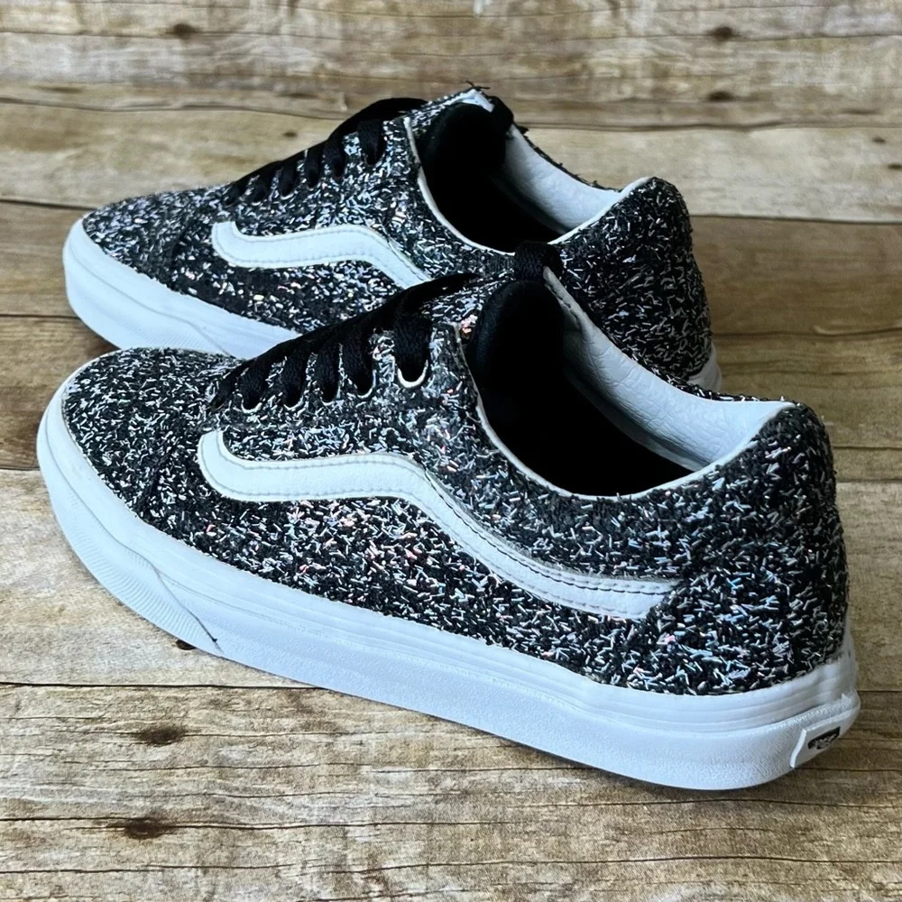 Vans Old Skool Kids Black White Glitter Textured Low Top Sneakers Shoes‎